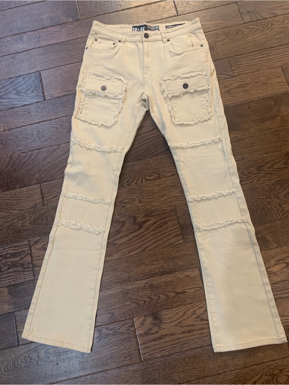 Spark Distressed Beige Jeans Men’s Size 34x36-Frayed Stretch Flare Jeans